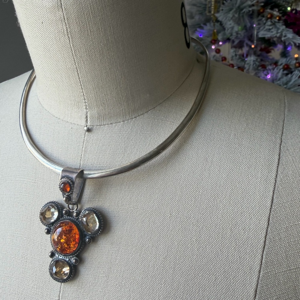 Vintage|Mexico Solid Sterling Silver Baltic Amber Citrine Stones Pendant 61grams